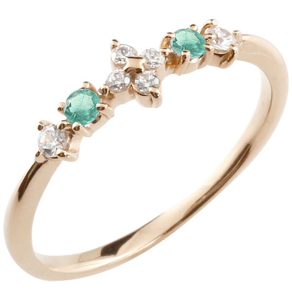 フラワー 花リング エメラルド ダイヤモンド ピンクゴールドk18 ピンキーリング 指輪 華奢リング 重ね付け 18金 レディース 5月誕生石